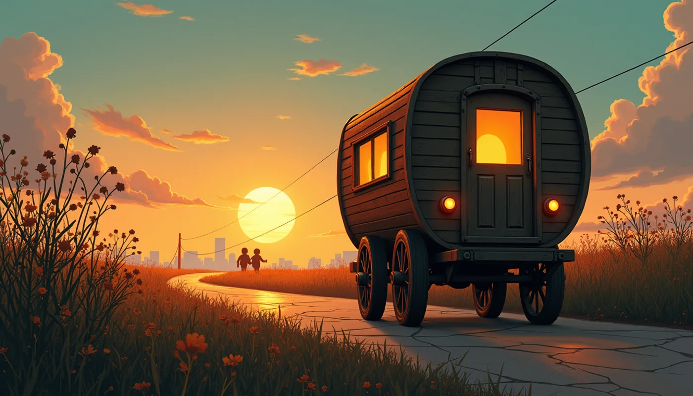 Last Caravan 콘셉트 아트 — 노을 속 카라반