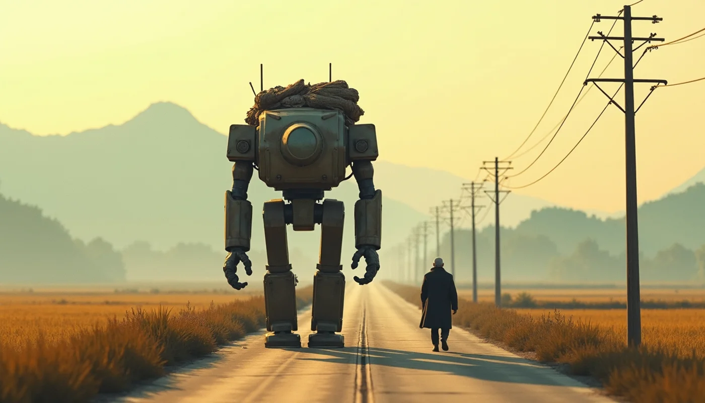 The Iron Cradle コンセプトアート — 夜明けの道を行く老人とロボット